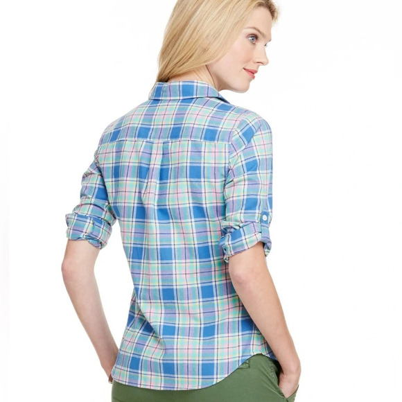 Vineyard Vines Little River Plaid Popover Shirt Women’s Size 0 Pink Green Blue - Picture 8 of 8